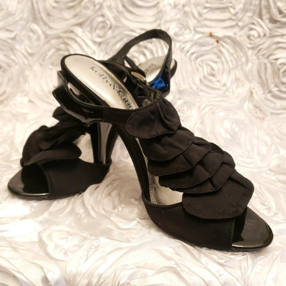 Kelly & Katie Black Satin Ruffle T-Strap Strappy Open Toe Heels Women's Size 6